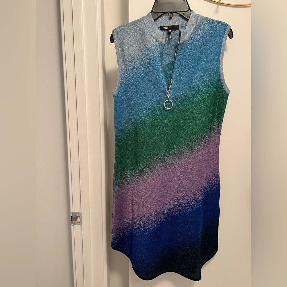 Maje mini dress - multicolor purple green blue lurex shimmer with zipper